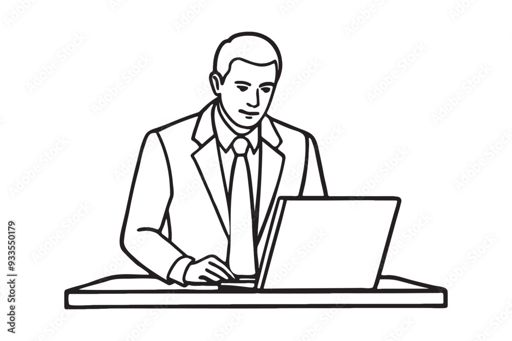 Person Working in Office with laptop line art illustration vector silhoutette Person Working in Office with laptop line art illustration vector silhoutette