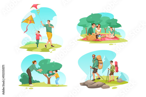 Illustrations of a family participating in outdoor activities: flying kites, having a picnic, playing ball, and hiking. Concept of family bonding. Vector illustration