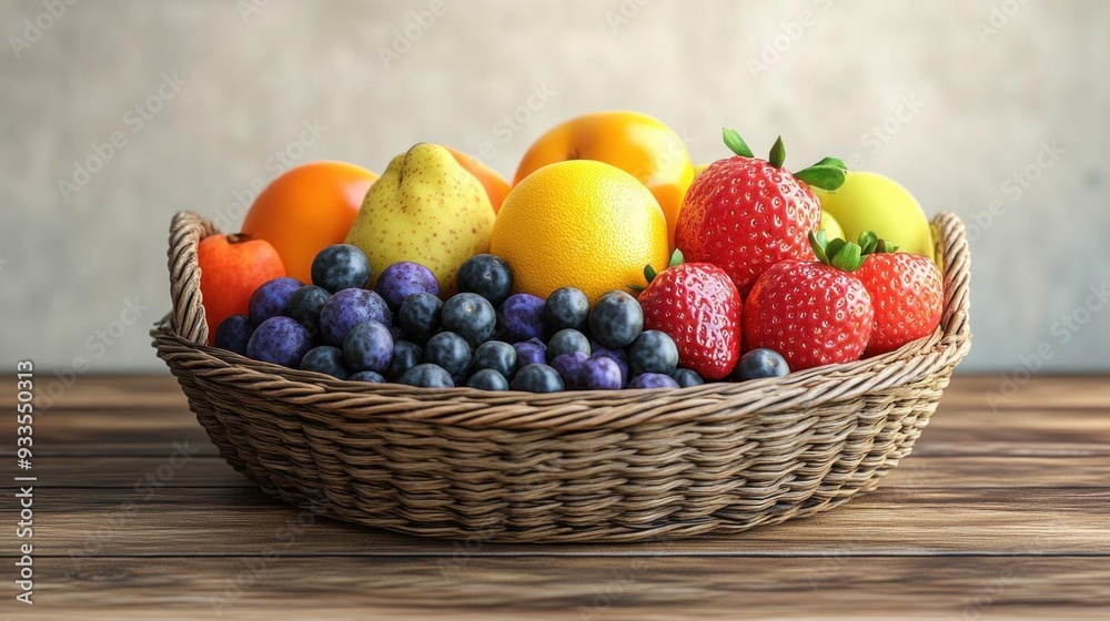 Fresh and vibrant assortment of fruits arranged in a woven basket, perfect for healthy living and culinary inspiration. Fresh and vibrant assortment of fruits arranged in a woven basket, perfect for healthy living and culinary inspiration.