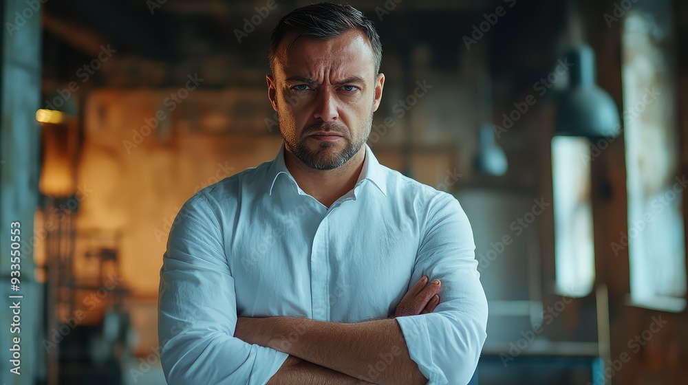 Obraz premium Frustrated Businessman in White Shirt with Crossed Arms Expressing Anger and Discontent in Office Environment