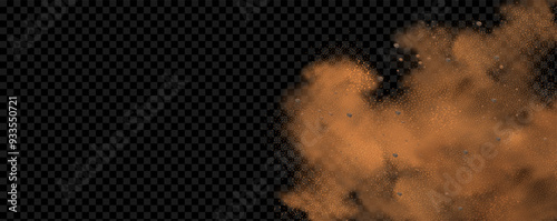 Vector background of a sand explosion with dirt and cloud smoke. Brown sandstorm splash and  dirty ground with a textured wind effect.Yellow flying particles and stone.