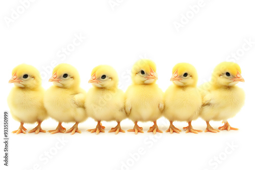 Yellow broilers on a white background, beautiful young chickens