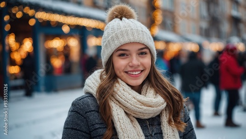 Outdoor photo of young beautiful happy smiling girl posing in street. Festive Christmas fair on background. Model wearing stylish winter coat, knitted beanie hat, scarf