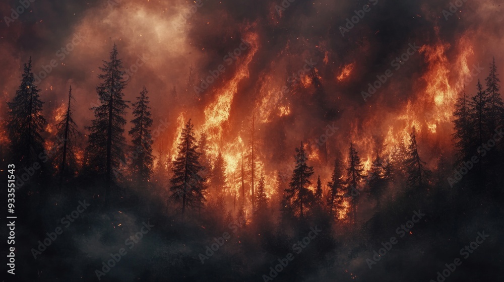 Naklejka premium Fiery Forest Inferno: A Dramatic Silhouette