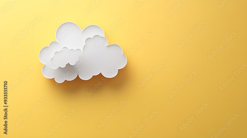 Paper cut thought bubble, white cloud shape, pale yellow background, minimalist design, clean edges, soft shadow, 3D effect, simple composition, graphic design style. Paper cut thought bubble, white cloud shape, pale yellow background, minimalist design, clean edges, soft shadow, 3D effect, simple composition, graphic design style.