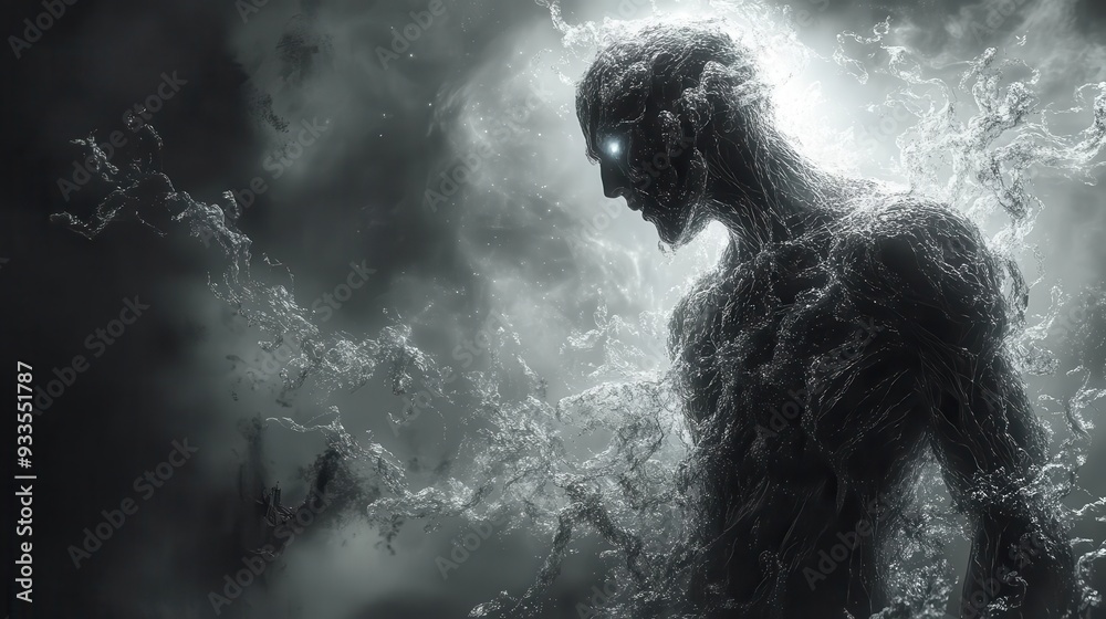 Obraz premium symbiotic superhero emerging from darkness tendrils of shadow coalescing into muscular form glistening black texture bioluminescent highlights ominous atmosphere with hints of urban decay