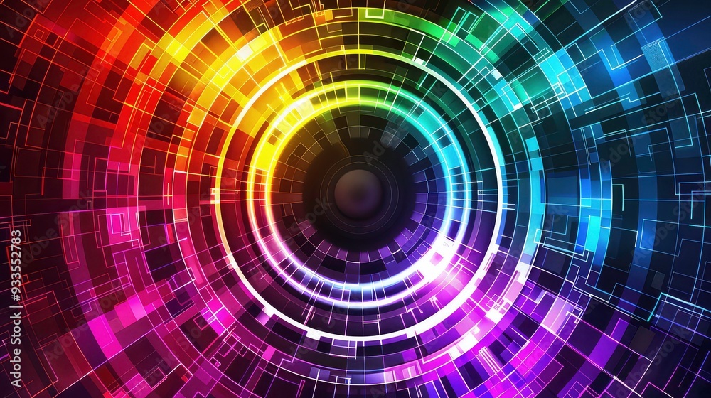 An abstract colorful background featuring a circular design with glowing lines and squares. The design appears to be a futuristic or technological representation. An abstract colorful background featuring a circular design with glowing lines and squares. The design appears to be a futuristic or technological representation.