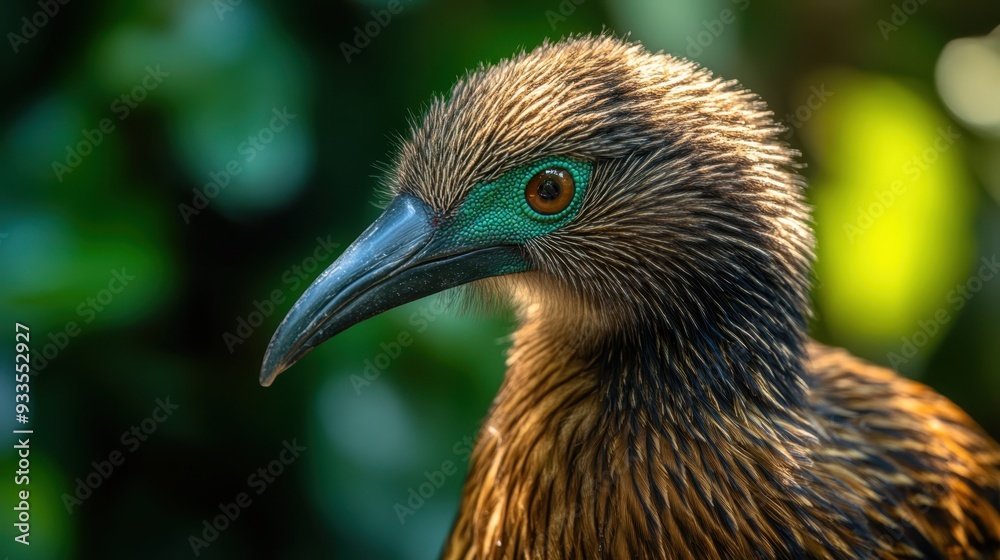 Fototapeta premium Detailed close-up of an exotic bird showcasing its vibrant plumage and striking eye against a blurred green background.