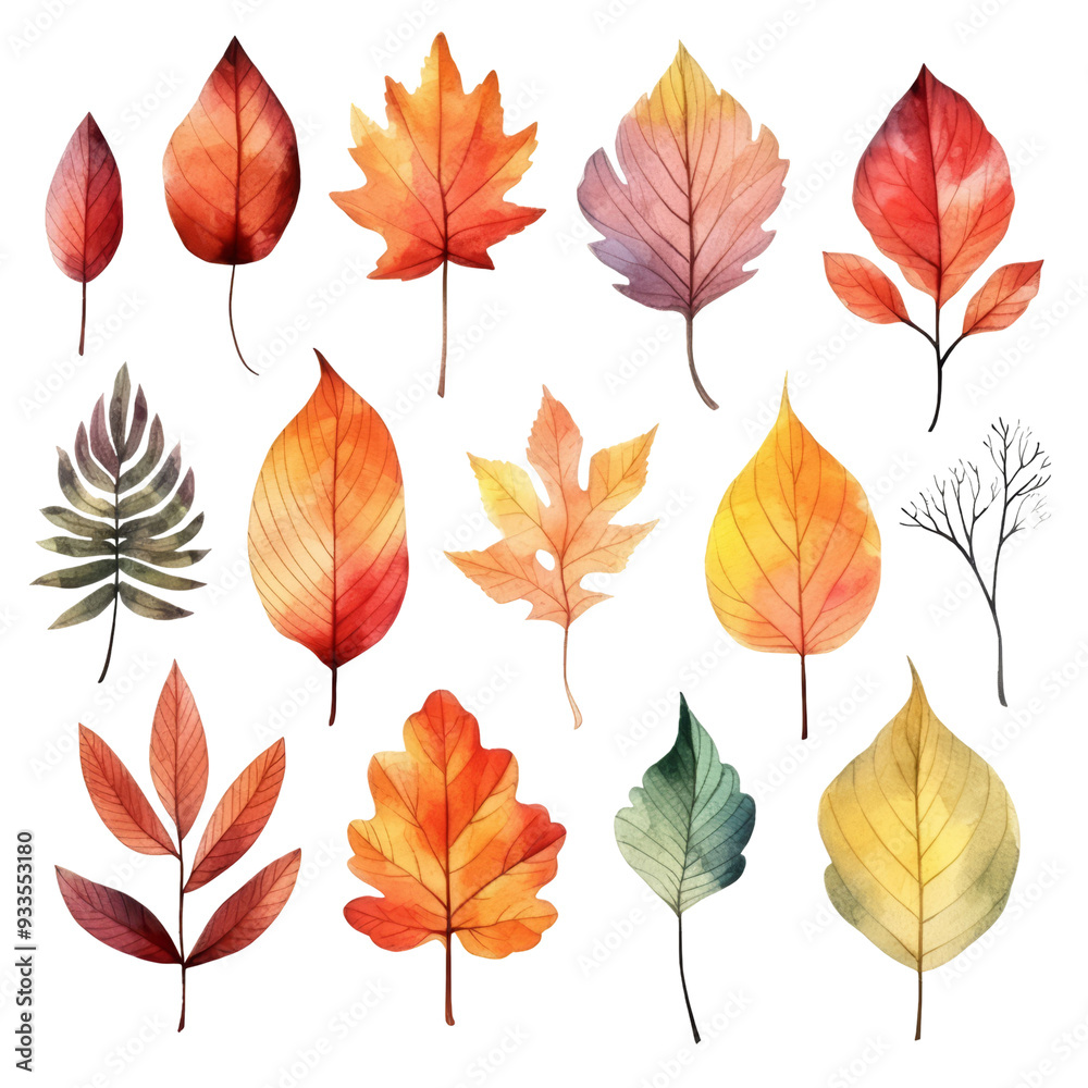 Obraz premium A collection of 16 watercolor painted autumn leaves in various shades of red, orange, yellow, and green, perfect for fall-themed designs.