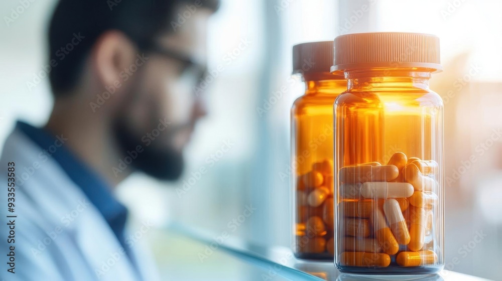 Focused pharmacist examining medicine jars with capsules in bright pharmacy setting, emphasizing healthcare and professionalism. Focused pharmacist examining medicine jars with capsules in bright pharmacy setting, emphasizing healthcare and professionalism.
