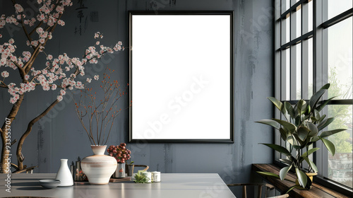 Luxurious mock up frame in a modern dining room with black accents and elegant decor, isolated on transparent background, ideal for sleek, sophisticated interiors