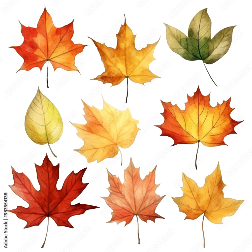 Fototapeta premium A collection of nine autumn leaves in various shades of red, orange, yellow, and green, isolated on a transparent background.