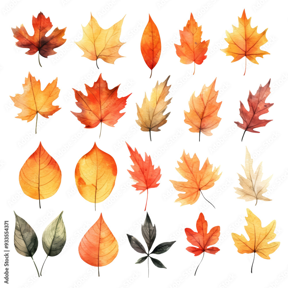 Collection of 24 autumn leaves in various shades of red, orange and yellow. Collection of 24 autumn leaves in various shades of red, orange and yellow.