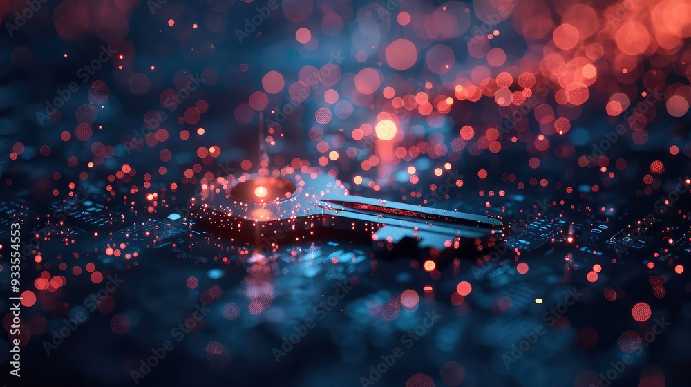 A close-up image of a golden key with a sparkling light effect on a dark background.