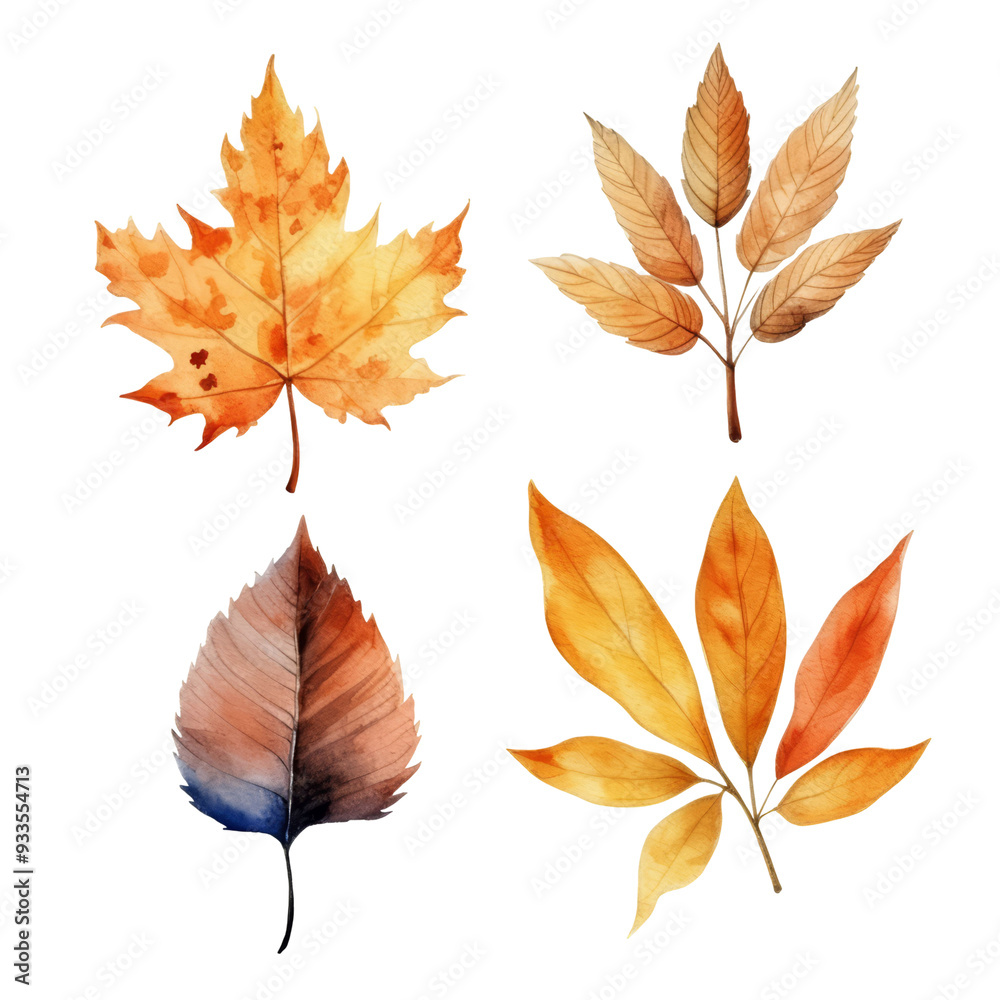 Fototapeta premium Four autumn leaves, hand-painted in watercolor, isolated on a transparent background.