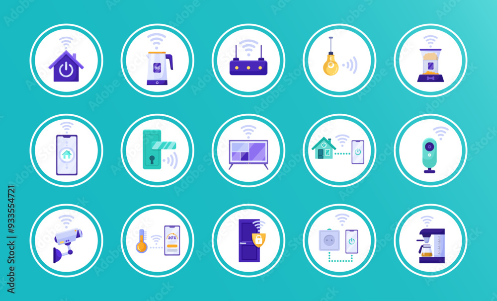 Various smart home device icons including a smart lock, smart thermostat, and smart camera on a teal background. Concept of home automation. Vector illustration Various smart home device icons including a smart lock, smart thermostat, and smart camera on a teal background. Concept of home automation. Vector illustration