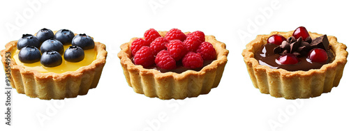 Tart, each with a buttery, crumbly crust, filled with smooth lemon curd or rich chocolate ganache, and topped with fresh fruit or nuts