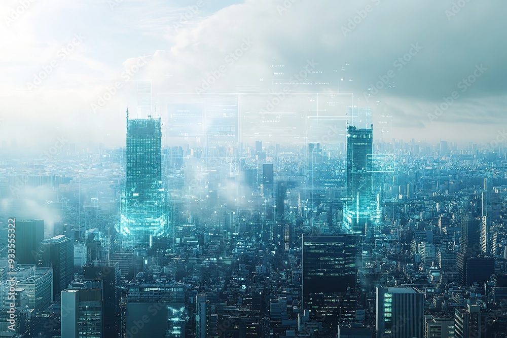 Fototapeta premium Futuristic cityscape with holographic tech overlay