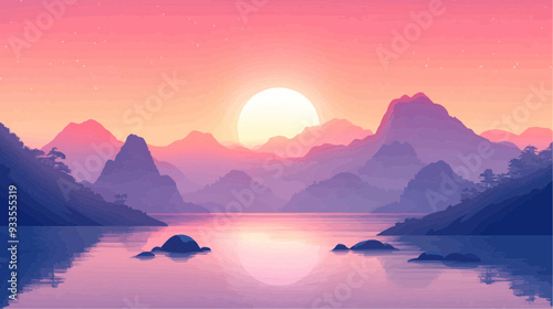 Beautiful vector illustration of a serene Japanese zen landscape, designed to evoke tranquility and peace