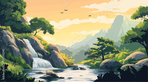 Beautiful vector illustration of a serene Japanese zen landscape, designed to evoke tranquility and peace