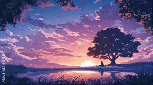 Beautiful vector illustration of a serene Japanese zen landscape, designed to evoke tranquility and peace