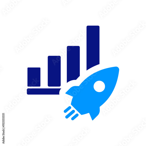 Blue rocket icon shooting upwards with dark blue bars forming a chart behind it. Represents progress and innovation. Strong, clean lines with a dynamic upward trajectory.