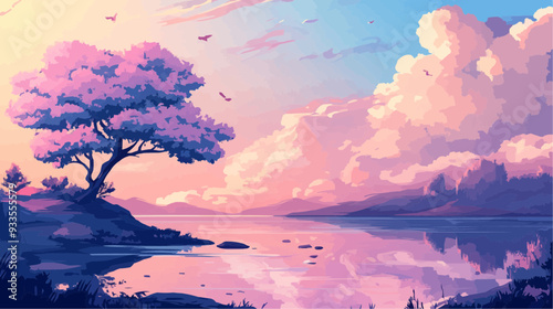 Beautiful vector illustration of a serene Japanese zen landscape, designed to evoke tranquility and peace