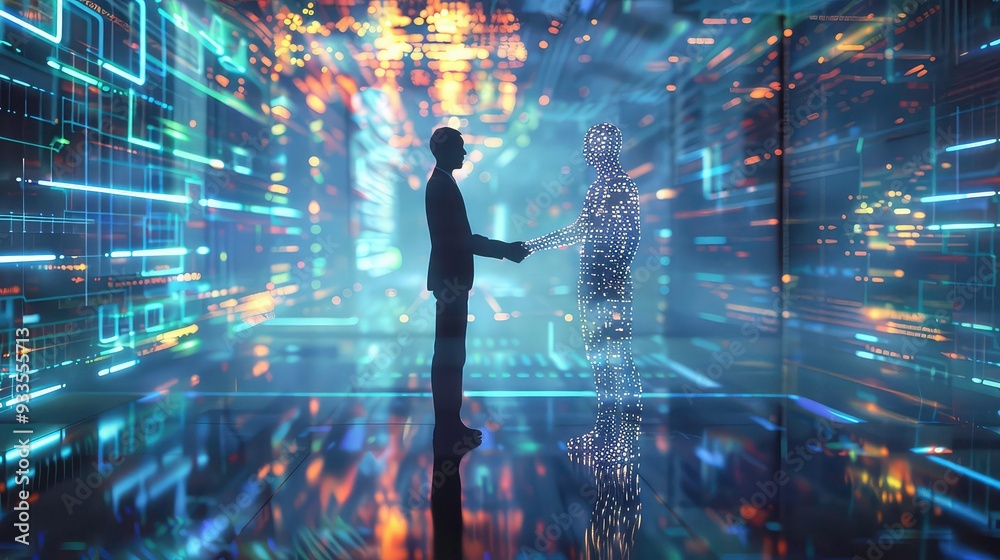 This image depicts a human shaking hands with a digital representation of a person, symbolizing the merging of humanity and technology in the digital world. This image depicts a human shaking hands with a digital representation of a person, symbolizing the merging of humanity and technology in the digital world.
