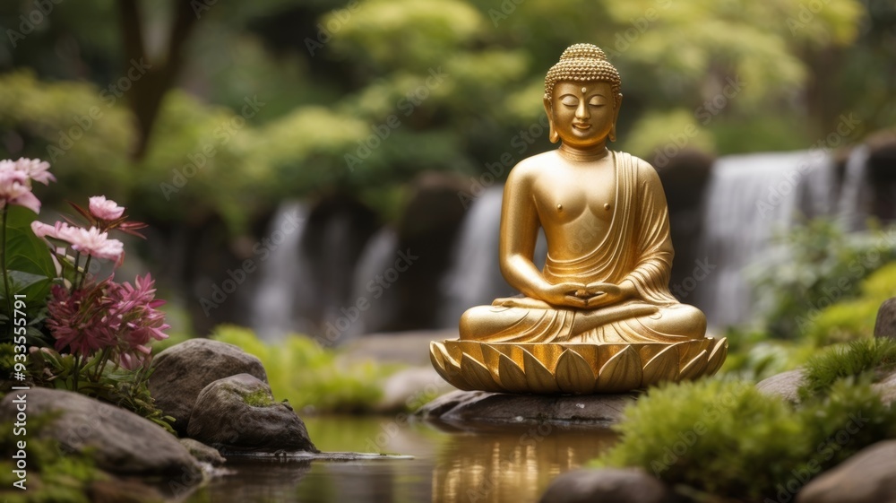 A bronze Buddha statue in pose for meditation in a Japanese garden among blooming greenery on a background of waterfall A bronze Buddha statue in pose for meditation in a Japanese garden among blooming greenery on a background of waterfall