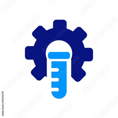 Test tube inside a gear icon, symbolizing innovation in science, bold blue colors, clean design, lab focus, research, technology, simple geometric shapes, science, mechanics, minimalistic symbol.