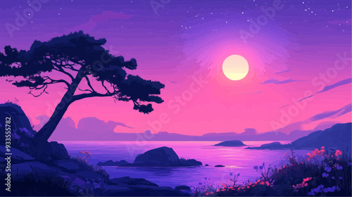 Beautiful vector illustration of a serene Japanese zen landscape, designed to evoke tranquility and peace