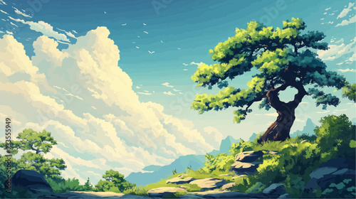Beautiful vector illustration of a serene Japanese zen landscape, designed to evoke tranquility and peace