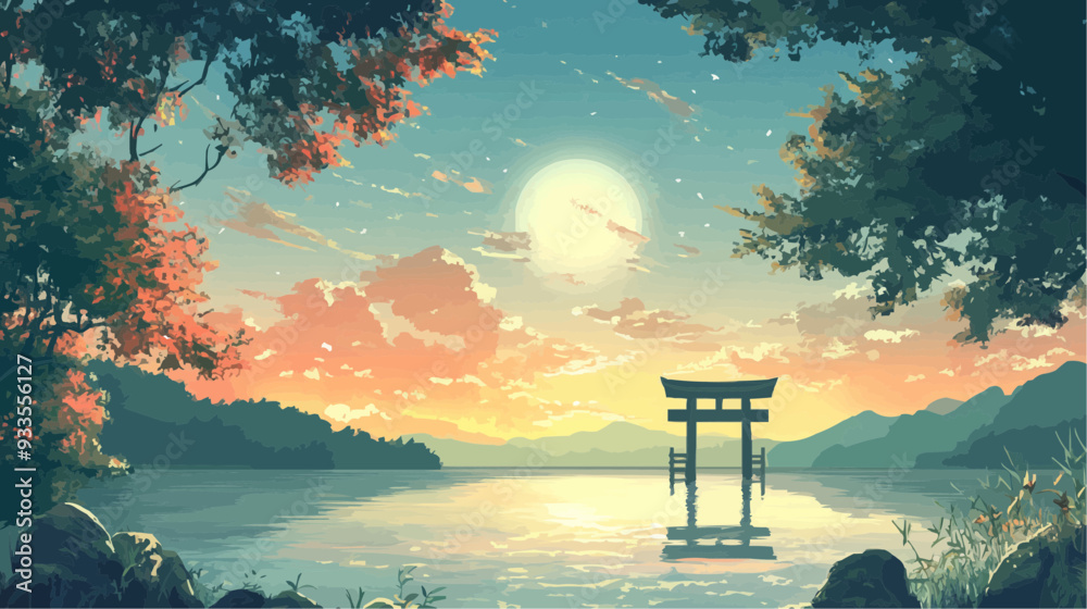 Fototapeta premium Beautiful vector illustration of a serene Japanese zen landscape, designed to evoke tranquility and peace