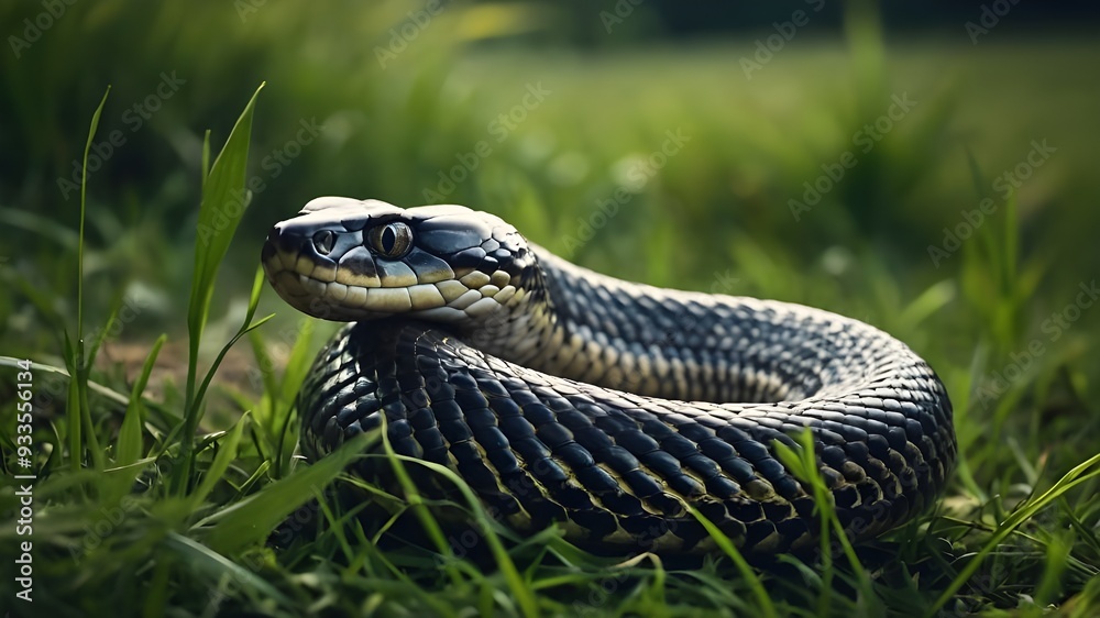 A majestic serpent, coiled in a meditative pose, surrounded by a tranquil meadow of lush green grass and a serene atmosphere. A majestic serpent, coiled in a meditative pose, surrounded by a tranquil meadow of lush green grass and a serene atmosphere.