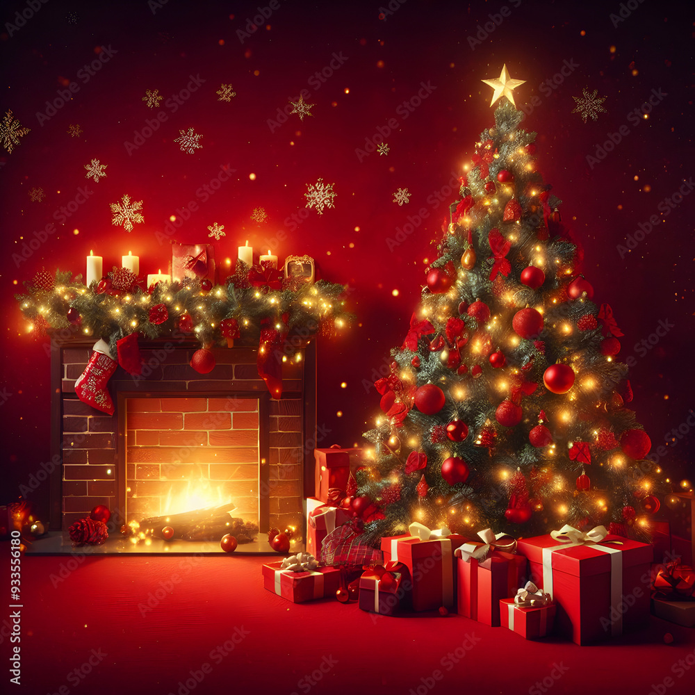 Christmas Red Background with a Tree Next to Fireplace with Lights and Gifts Christmas Red Background with a Tree Next to Fireplace with Lights and Gifts