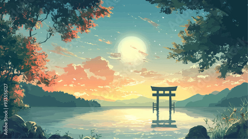Beautiful vector illustration of a serene Japanese zen landscape, designed to evoke tranquility and peace