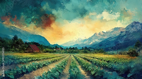 Digital painting of a farm using eco-friendly techniques and organic practices