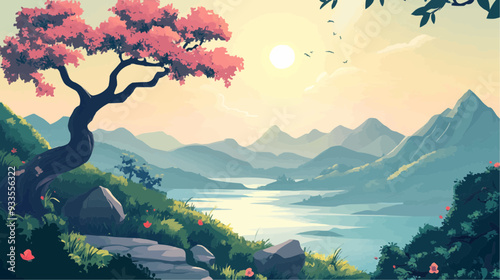 Beautiful vector illustration of a serene Japanese zen landscape, designed to evoke tranquility and peace