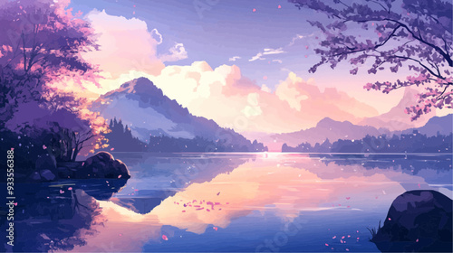 Beautiful vector illustration of a serene Japanese zen landscape, designed to evoke tranquility and peace