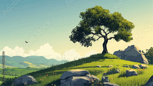 Beautiful vector illustration of a serene Japanese zen landscape, designed to evoke tranquility and peace