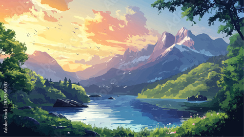 Beautiful vector illustration of a serene Japanese zen landscape, designed to evoke tranquility and peace