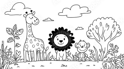 Playful Zoo Animals Coloring Page for Kids with Lion, Giraffe, and Monkey in Bold Lines - Cartoon Vector Illustration on White Background photo