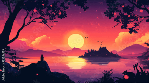 Beautiful vector illustration of a serene Japanese zen landscape, designed to evoke tranquility and peace