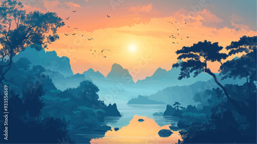 Beautiful vector illustration of a serene Japanese zen landscape, designed to evoke tranquility and peace
