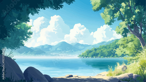 Beautiful vector illustration of a serene Japanese zen landscape, designed to evoke tranquility and peace
