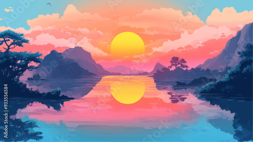 Beautiful vector illustration of a serene Japanese zen landscape, designed to evoke tranquility and peace