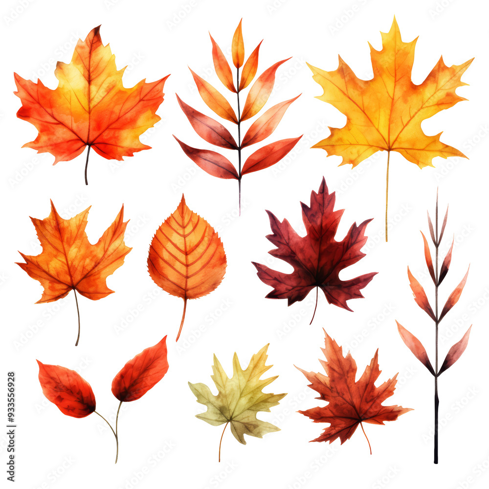 Fototapeta premium Watercolor illustration of autumn leaves in various shades of red, orange, and yellow.