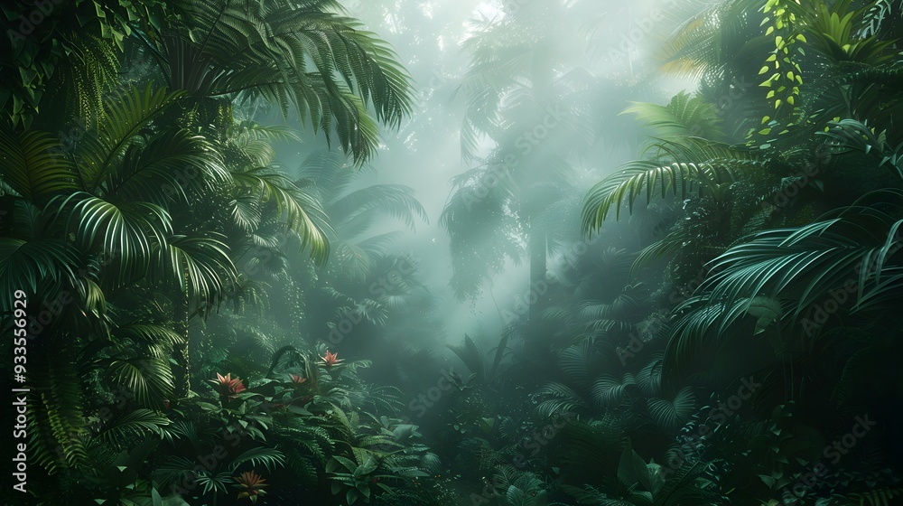 Lush Tropical Rainforest with Misty Atmosphere and Vibrant Foliage