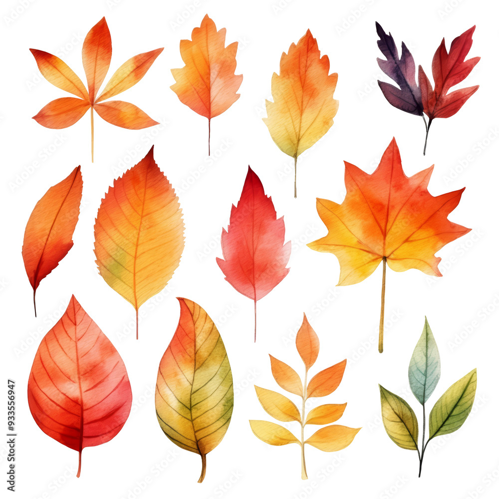 Obraz premium Watercolor illustration of autumn leaves in various shades of red, orange, yellow, and green.