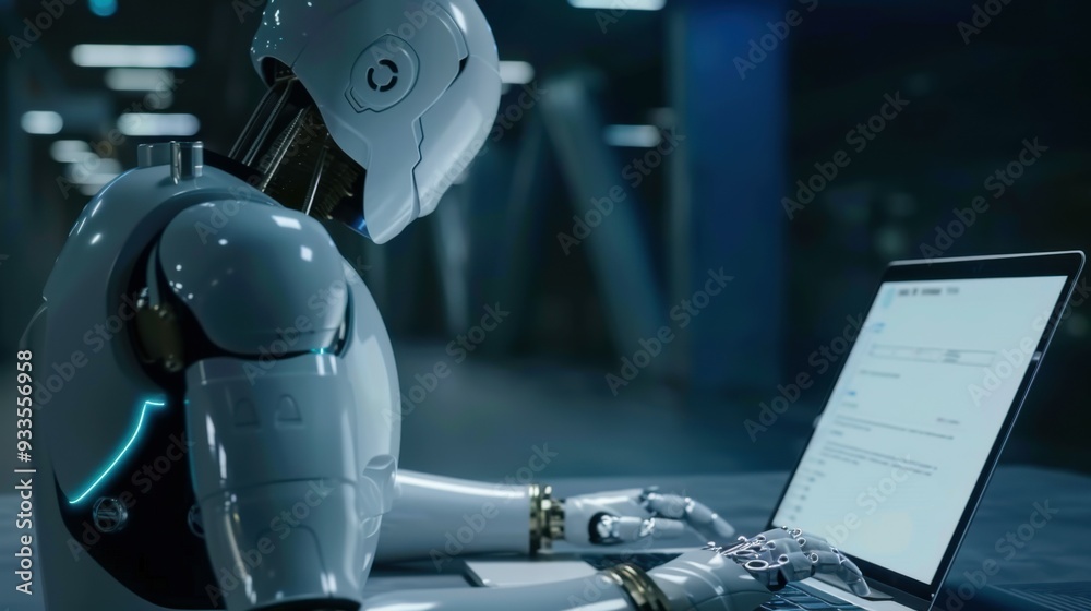 Fototapeta premium man uses laptop to search smart open artificial intelligence technology or artificial intelligence with artificial intelligence chatbot.